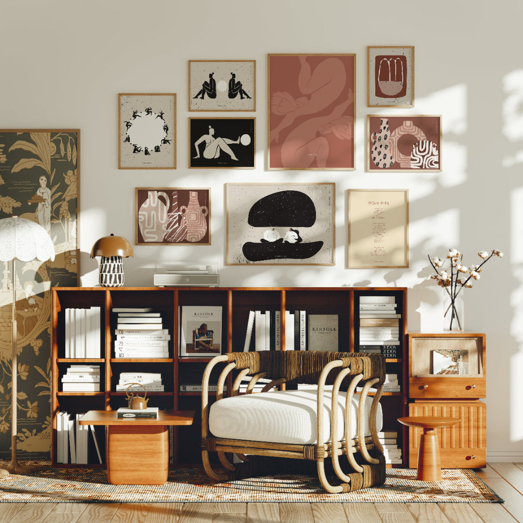 Living room with wooden furniture, bookshelf, and wall art