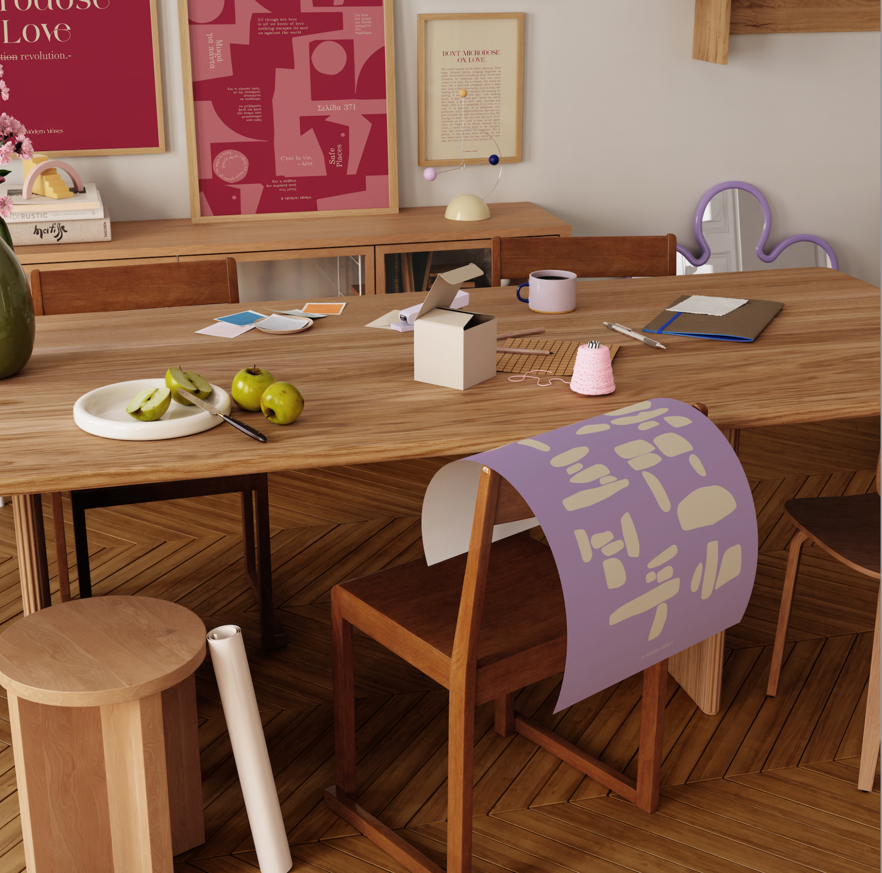Dining room with wooden table, chairs, and decor elements.