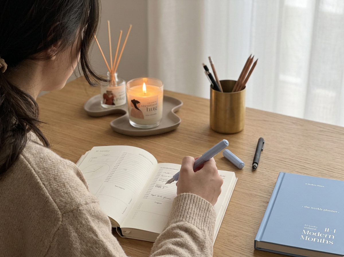 Person writing in a notebook at a desk with a candle and books in the background