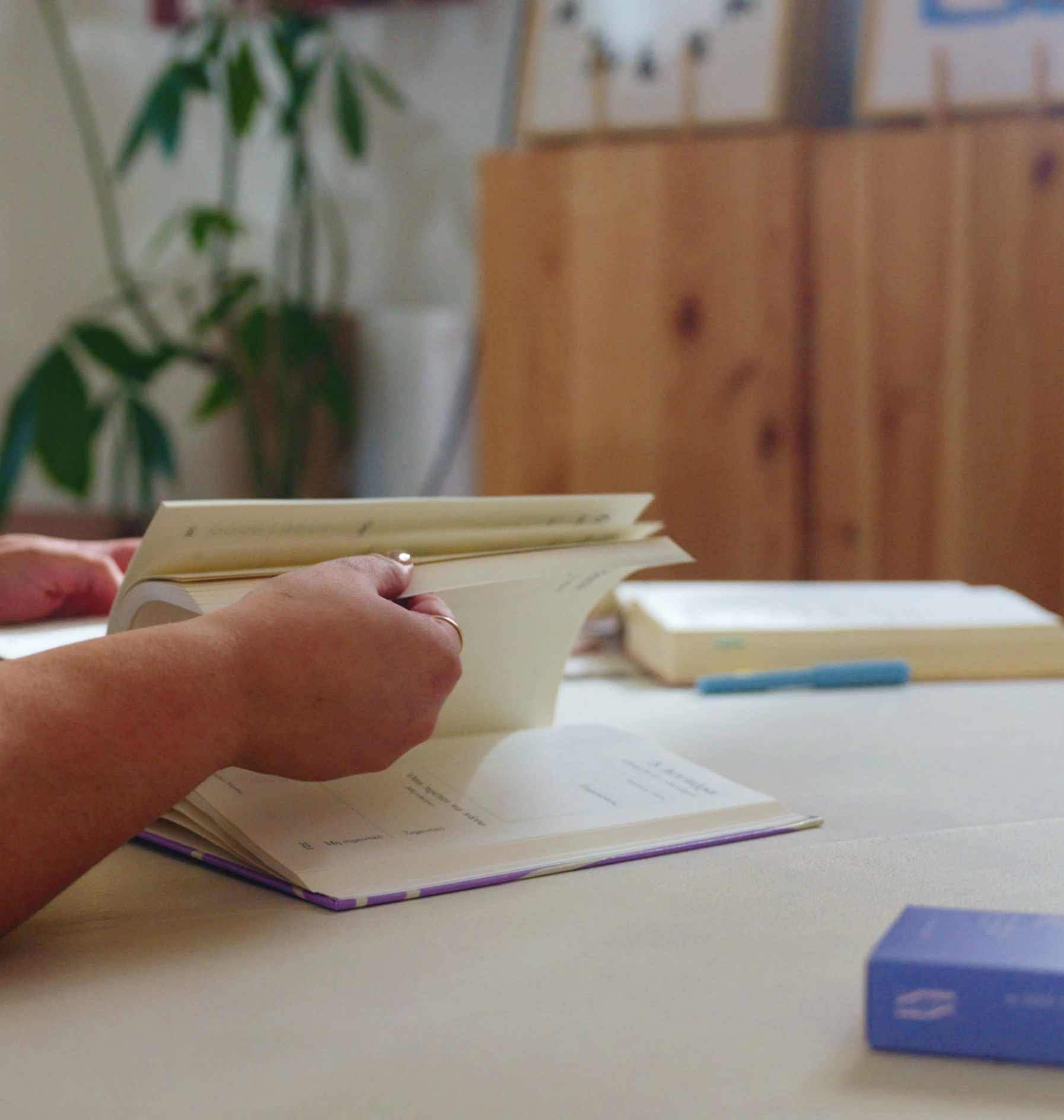 Person holding a book with a blurred background of a plant and wooden cabinet.