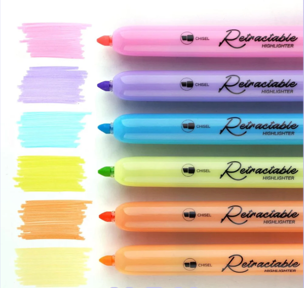 Set of colorful highlighters with visible caps on a white background